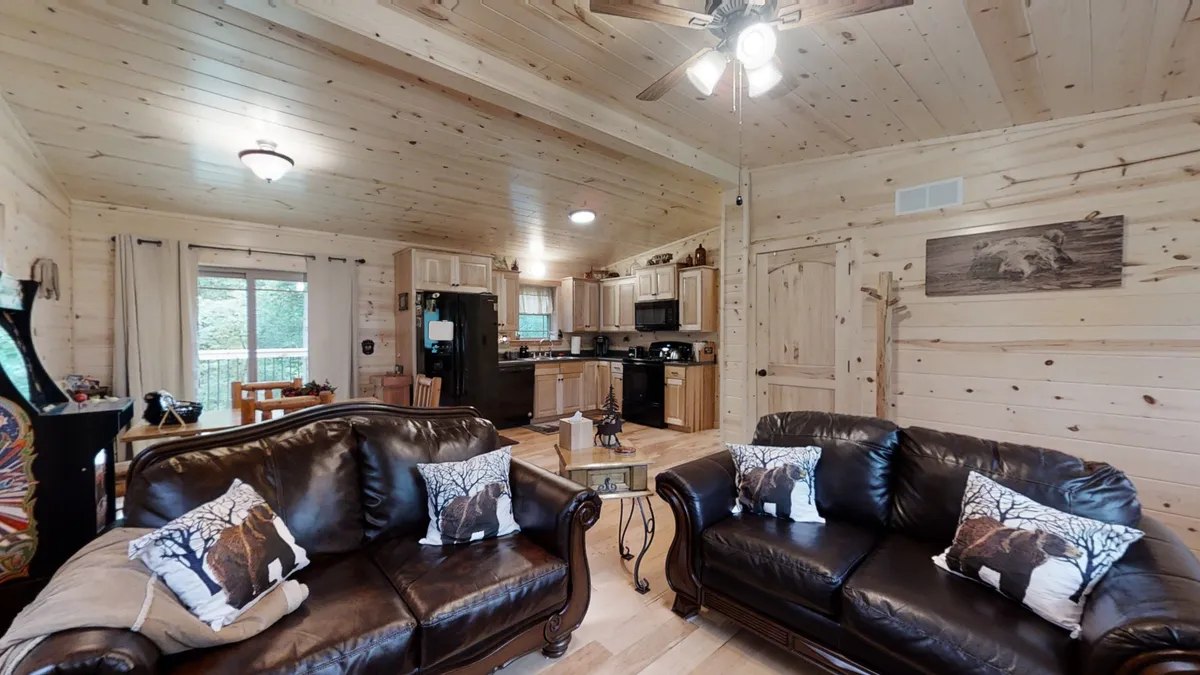 This open-concept living space includes a clear view of the kitchen area alongside leather sofas, a wooden ceiling, and nature-themed pillows. The atmosphere is warm and welcoming, suggesting an inviting place both for cooking and relaxing with family or friends.